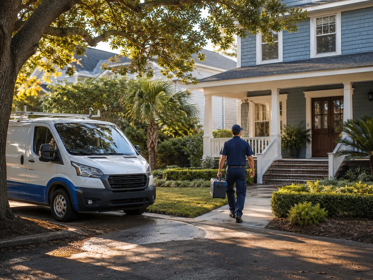 A tradesperson in a blue uniform carrying a toolbox up a driveway towards a house, with a service van parked under a tree.