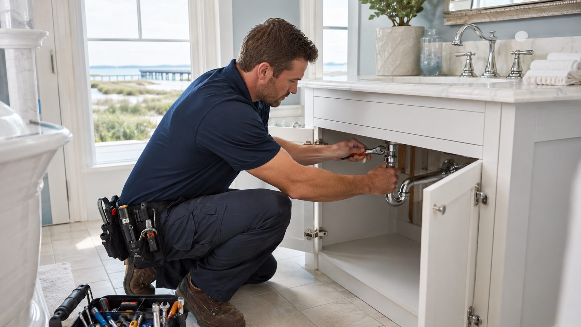 A plumber kneeling at an open bathroom vanity, tightening the sink trap with a wrench.